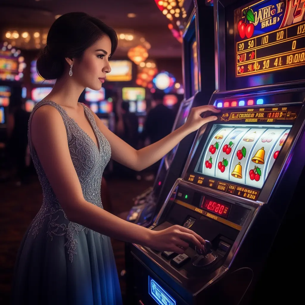 BW8888 – Enjoy immersive slot machine action designed for Indonesian players Elegant Indonesian woman in a luxurious evening dress playing a modern slot machine with bright reels and casino lights at BW8888 casino